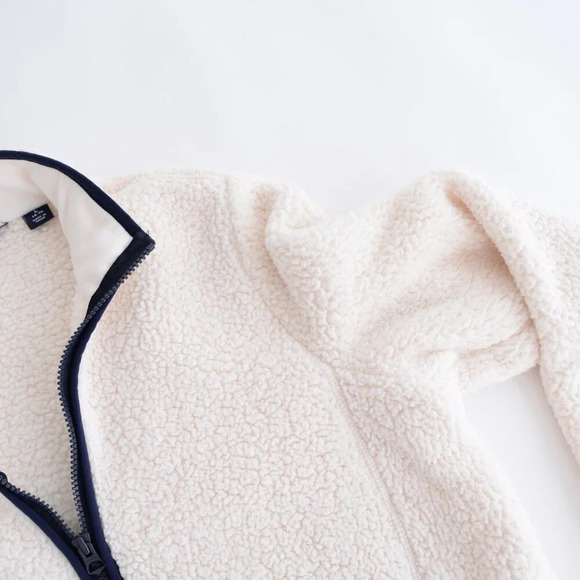 Lands End Cream And Navy  Fleece Breathable Zip Up Sweater Size Large - Picture 12 of 12